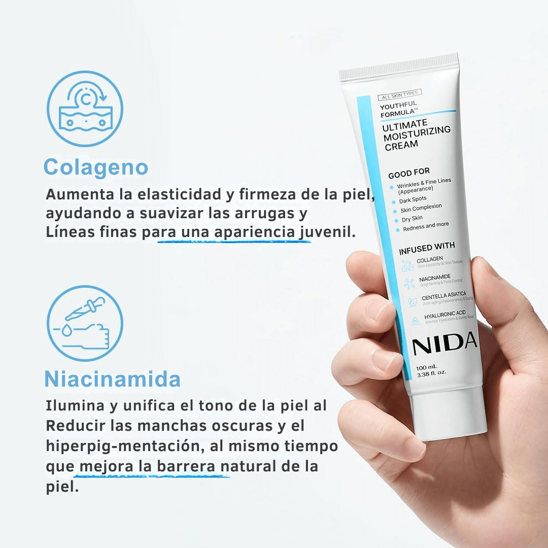 Crema Hidratante NIDA™: Revitaliza tu piel con Colágeno y Ácido Hialurónico (Compra 2 y Obtén 1 Gratis)